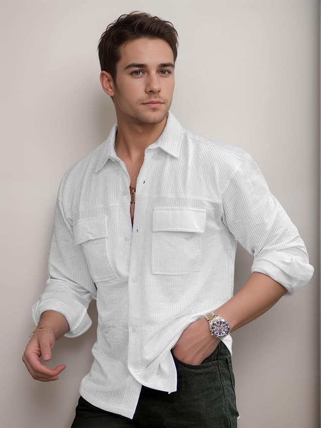 IndoPrimo Men's Regular Fit Fancy Double Pocket Casual Shirt for Men Full Sleeves - Cargo